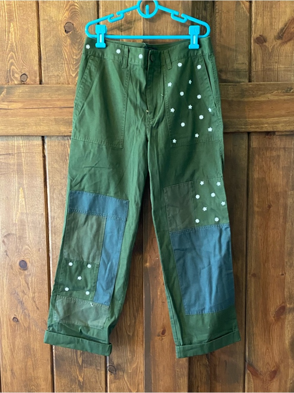J. Crew Olive Green Patchwork Daisy Enbroidered Cargo Pants